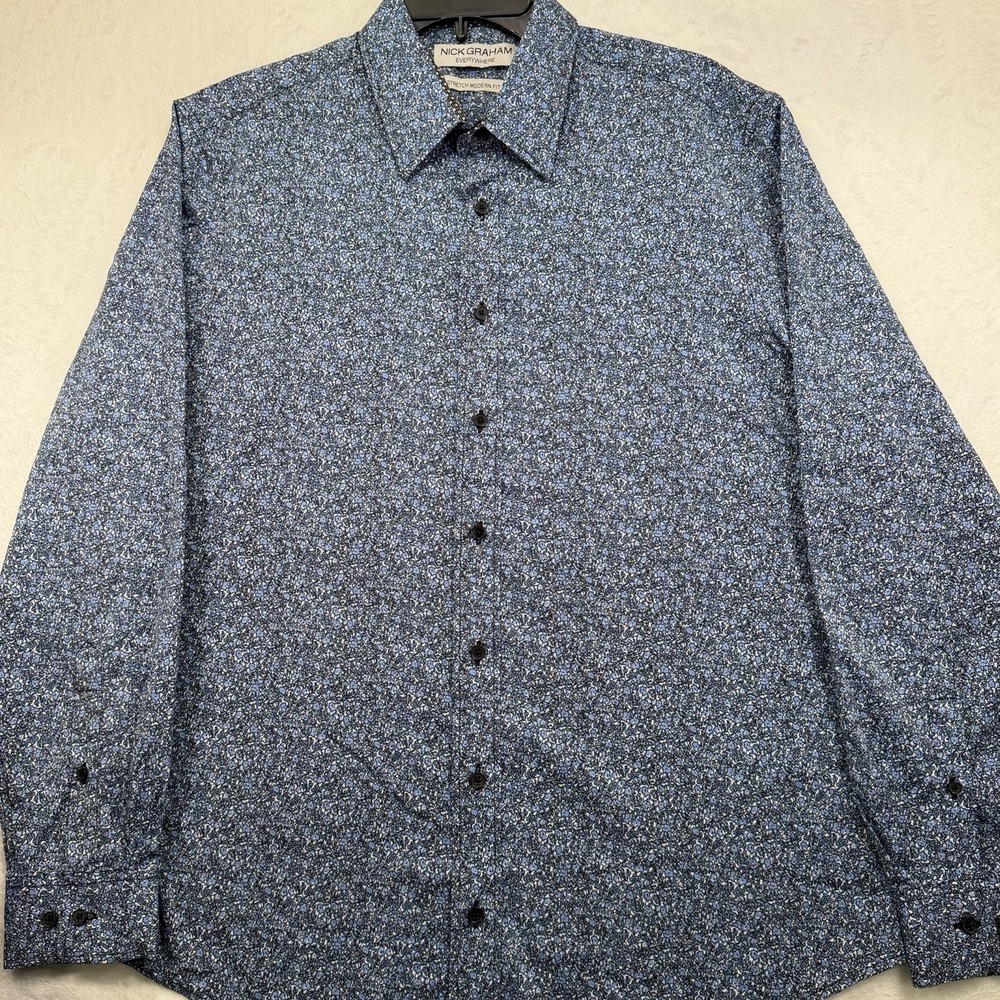 Nick Graham Everywhere Men's XL Blue Floral Stretch Modern Fit Long Sleeve Shirt